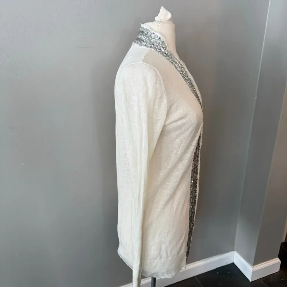 Tory Burch Open Front Long Cardigan Linen Cotton Sequin Thin Knit Sweater Sz Sml